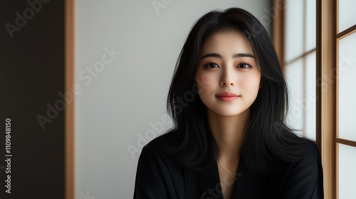 serene portrait of woman with long black hair, sitting by window, exuding calmness and elegance.