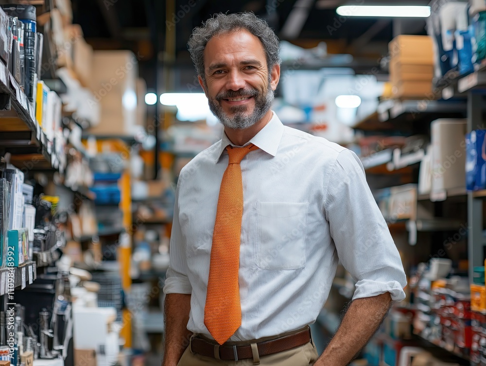 Smiling businessman in warehouse wearing orange tie Smiling businessman in warehouse wearing orange tie