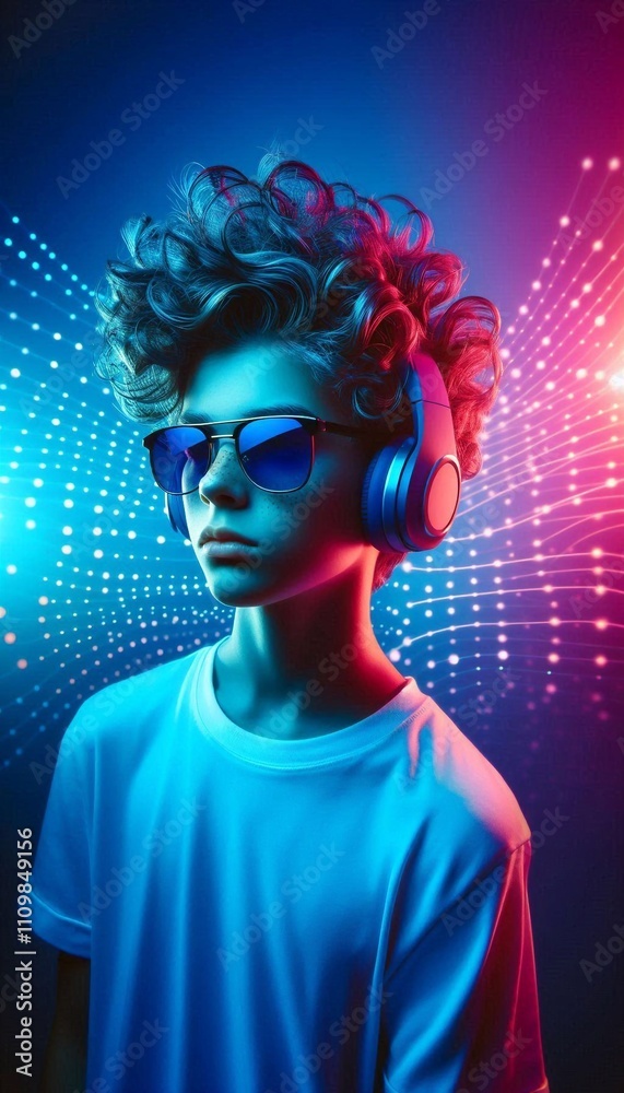 Cool young boy with curly hair wearing headphones and sunglasses, illuminated by neon lights Cool young boy with curly hair wearing headphones and sunglasses, illuminated by neon lights