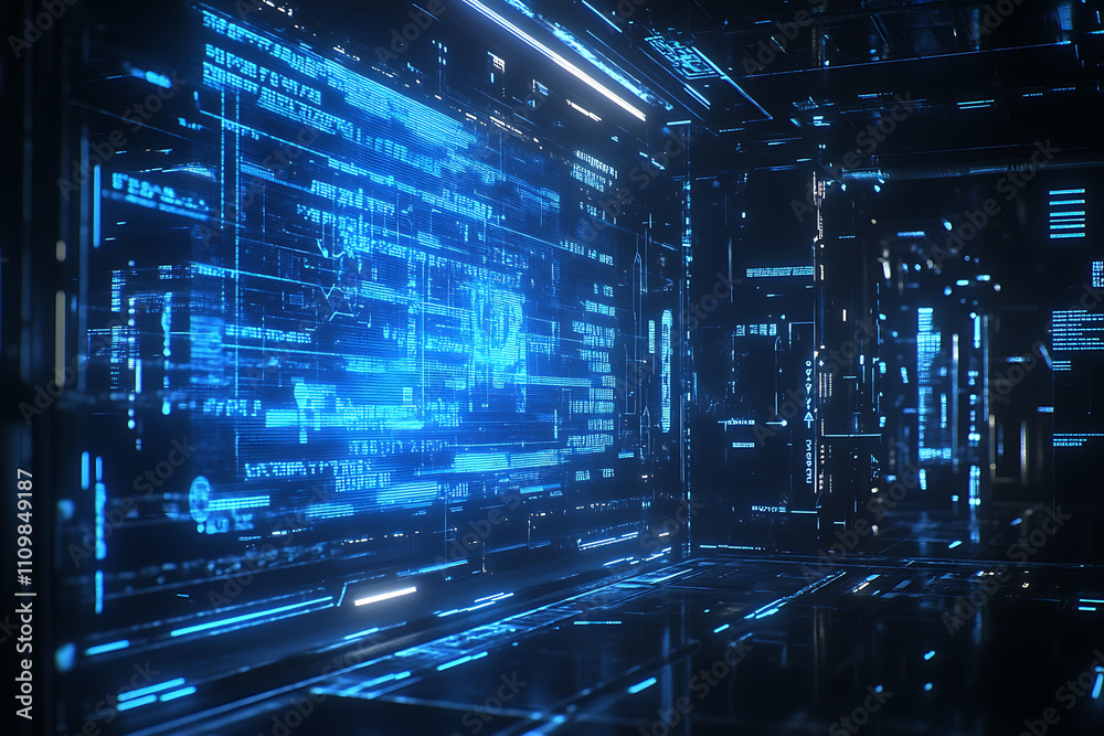 Blue digital binary data on a computer screen, creating a futuristic, high-tech atmosphere with flowing numbers and abstract patterns