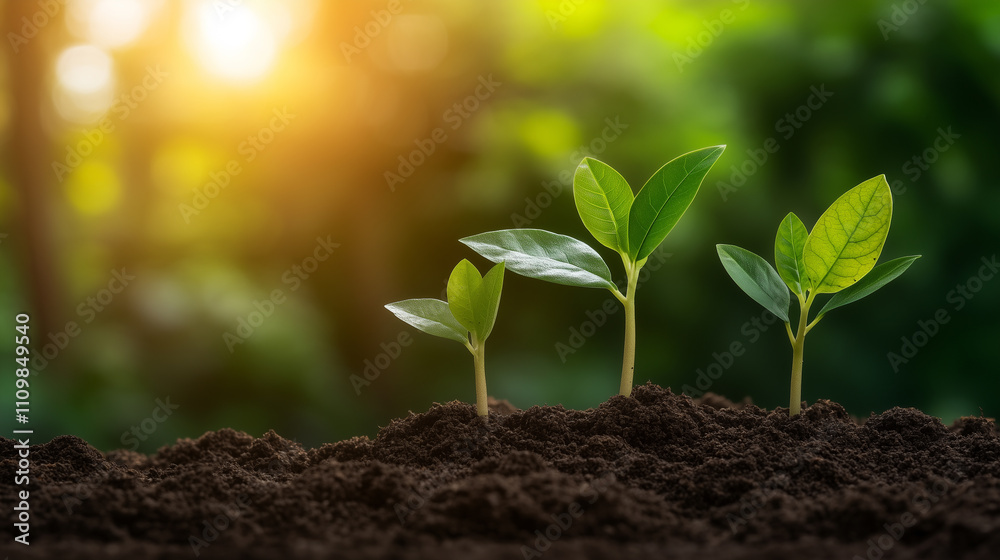 Three green seedlings growing in rich soil, symbolizing new beginnings and growth in nature. Three green seedlings growing in rich soil, symbolizing new beginnings and growth in nature.