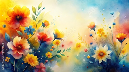 Vibrant Watercolor Painting of a Summer Wildflower Meadow with Blossoms in Yellow, Orange, Red, and Blue Hues