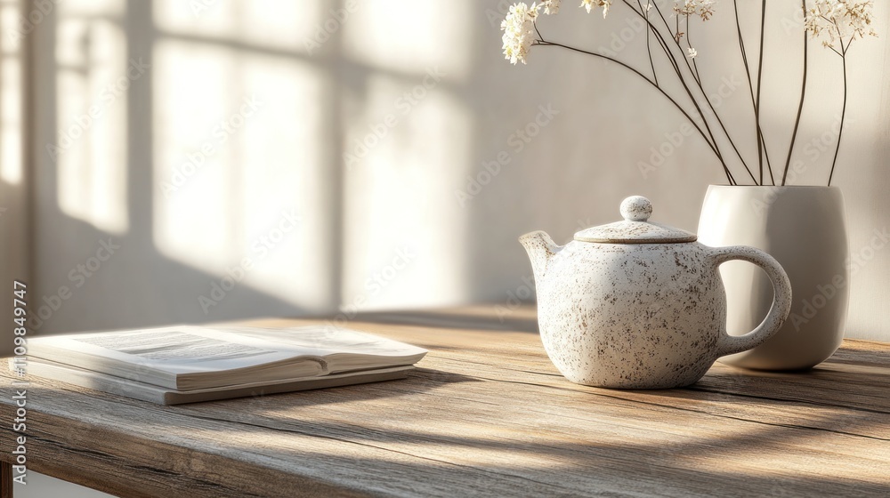 Ceramic teapot with a rustic design, placed on a natural wooden table Ceramic teapot with a rustic design, placed on a natural wooden table