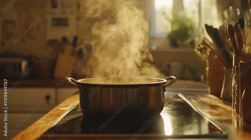 Steam Rising from a Pot in a Warm Cozy Kitchen Setting Steam Rising from a Pot in a Warm Cozy Kitchen Setting