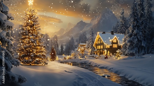 Christmas Village at Night, Snowy Landscape, Festive Scene
