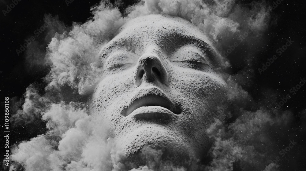 Abstract grayscale close-up of a serene female face, enveloped in swirling powder clouds, evoking a sense of ethereal tranquility and introspection. Abstract grayscale close-up of a serene female face, enveloped in swirling powder clouds, evoking a sense of ethereal tranquility and introspection.