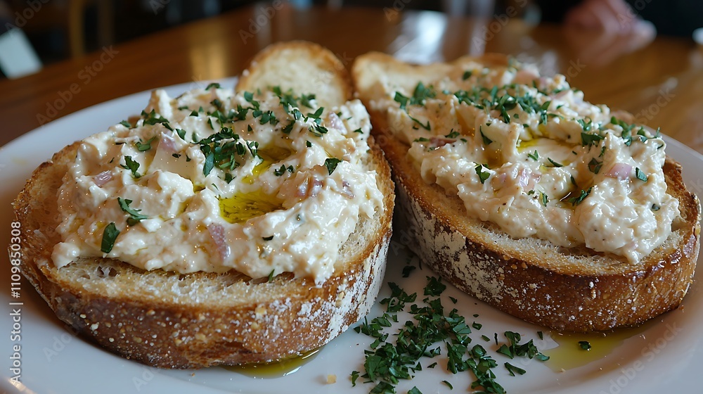 Two slices of toasted bread topped with creamy, savory spread, garnished with fresh parsley and olive oil. Two slices of toasted bread topped with creamy, savory spread, garnished with fresh parsley and olive oil.