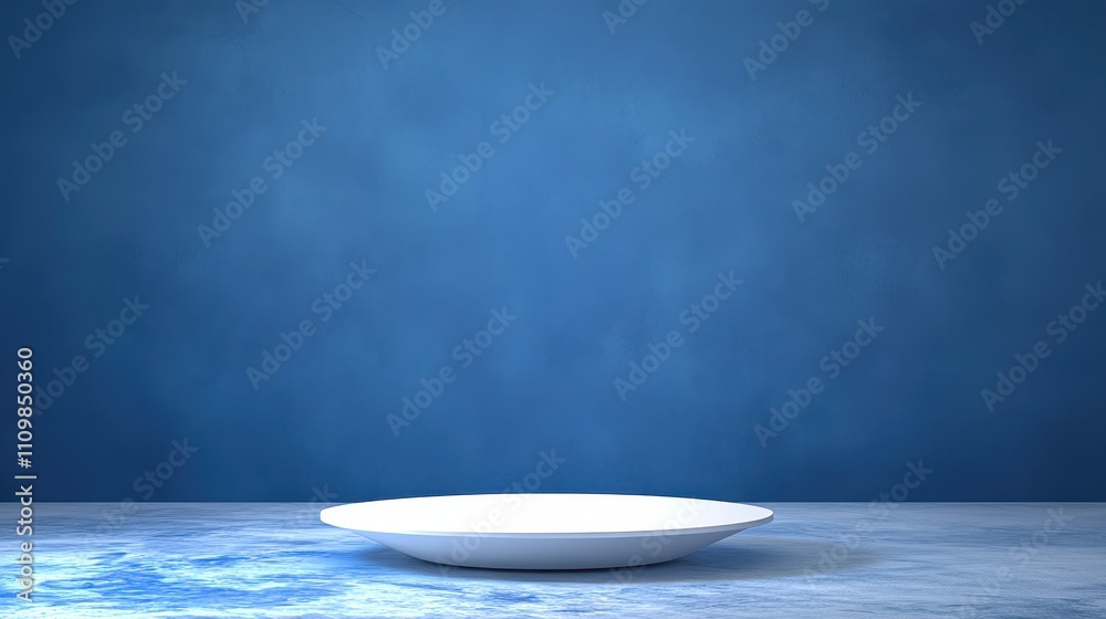 White Circular Display Platform Against Blue Wall White Circular Display Platform Against Blue Wall