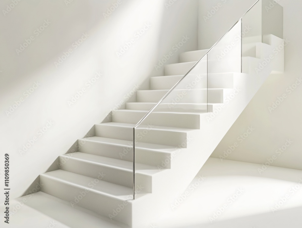 A minimalist white staircase with a glass railing, emphasizing clean lines and modern design. A minimalist white staircase with a glass railing, emphasizing clean lines and modern design.