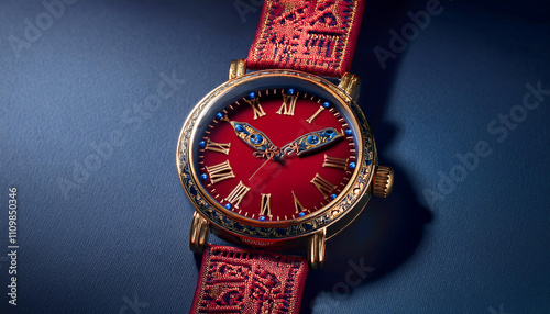 A red watch with a gold band and roman numerals photo