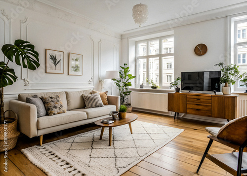 Modern Scandinavian home interior design features an elegant living room with a comfortable sofa, mid-century furniture, cozy carpet, wooden floor, white walls, and home plants.