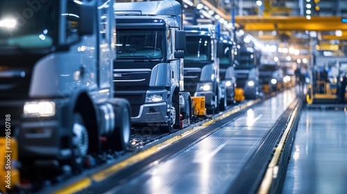 Trucks lined up in a manufacturing facility for assembly or inspection.