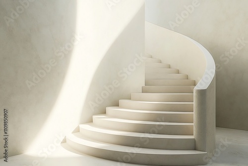 A serene  curved staircase in a minimalist interior  showcasing light and shadow.