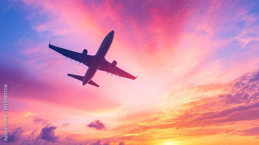 silhouette of airplane flying against vibrant sunset sky filled with pink and orange hues, creating stunning visual contrast silhouette of airplane flying against vibrant sunset sky filled with pink and orange hues, creating stunning visual contrast