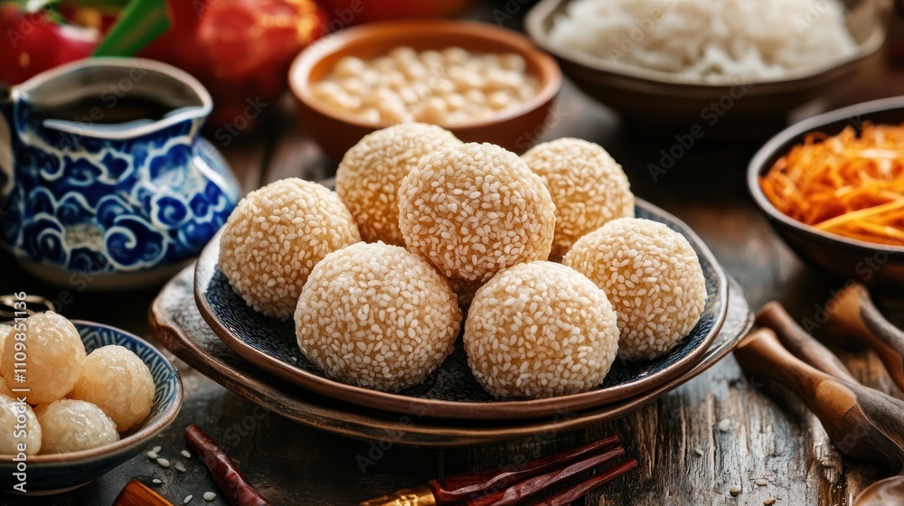 A platter of sesame balls surrounded by various Asian foods. A platter of sesame balls surrounded by various Asian foods.