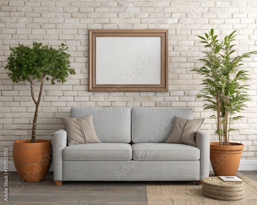 Classic interior design of modern living room. Classical grey sofa and two clay pots with home plants near brick wall with blank mock up frame. photo