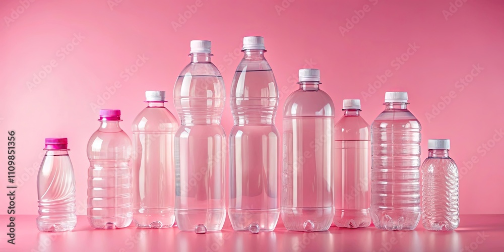 A collection of various sized plastic water bottles on a pink background A collection of various sized plastic water bottles on a pink background