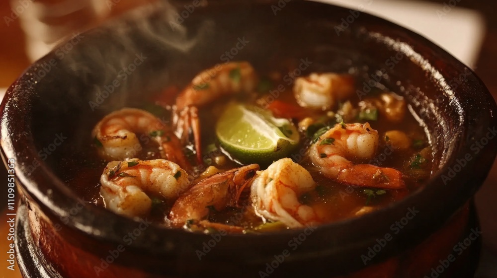 Fresh Shrimp Soup in Clay Pot with Herbs and Lime Wedges Fresh Shrimp Soup in Clay Pot with Herbs and Lime Wedges