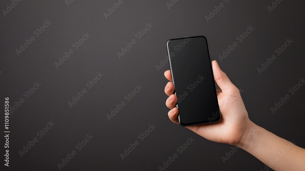 Hand holding black smartphone with blank screen against dark background.