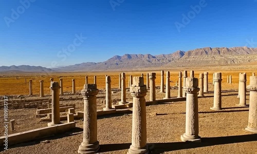 Ruins of ancient Persepolis, remains of temple with columns, panoramic view, 4K