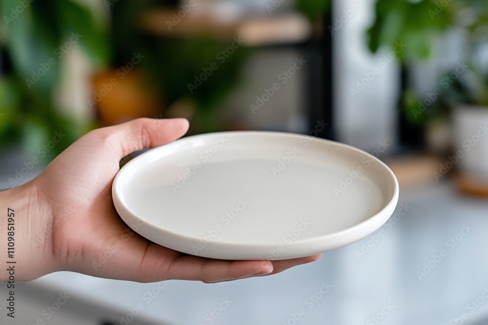 Hand holding a blank white plate.