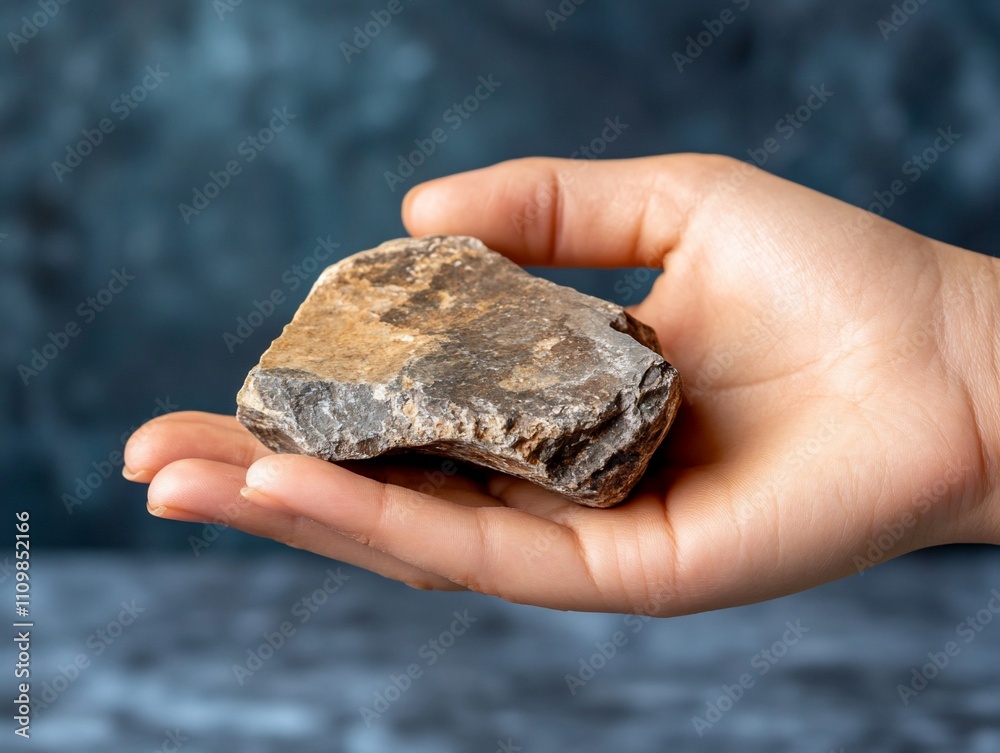 Hand holding a rough, gray-brown rock.