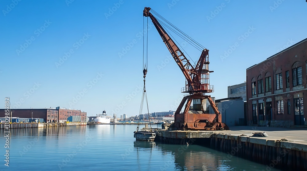 Rusty harbor crane near dock, ship in background, sunny day. Rusty harbor crane near dock, ship in background, sunny day.