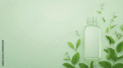 Spearmint Leaves and Flowers Surrounding Glass Second Variant photo