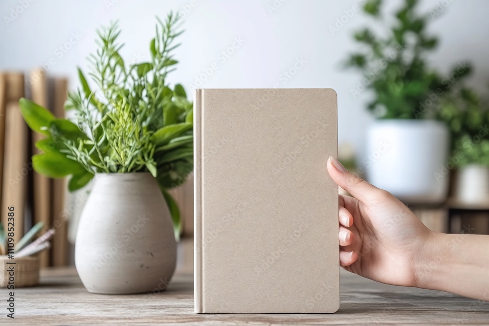 Hand holding blank beige book on wooden table with plants.