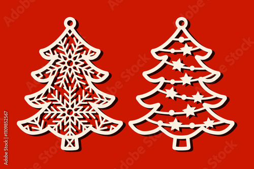 Christmas tree shaped designs for hanging ornaments. Winter holidays laser cut template. Cnc cutting with metal, wood or leather. New Years decorative vector elements