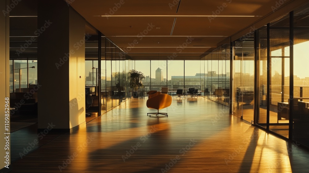Cinematic still of an open office space featuring glass walls, mid-century modern furniture, and wood floors. Cinematic still of an open office space featuring glass walls, mid-century modern furniture, and wood floors.
