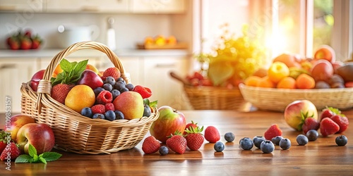 A wicker basket overflowing with summer's bounty ripe peaches, raspberries, strawberries, and blueberries, displayed on a rustic wooden table
