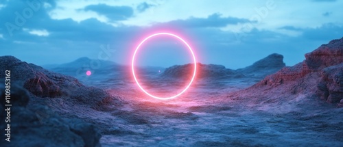 Obraz na płótnie Pink neon ring in a desolate, rocky landscape under a twilight sky. w salonie
