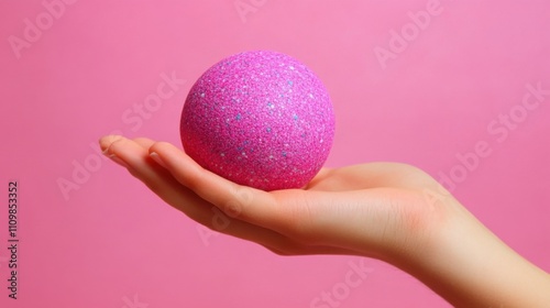 Sparkly Pink Ball Held in Hand Against Soft Pink Background