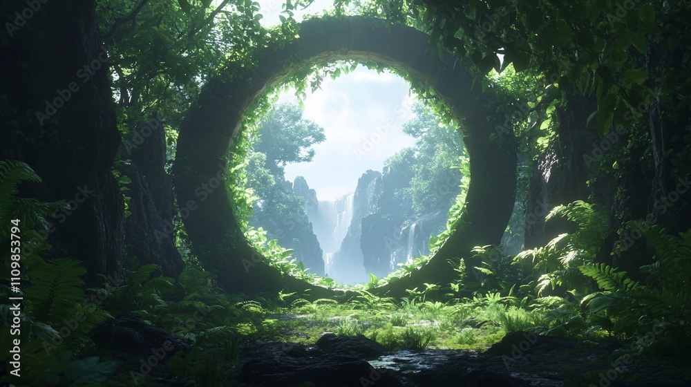 Jungle portal, stone circle frame, waterfall view.