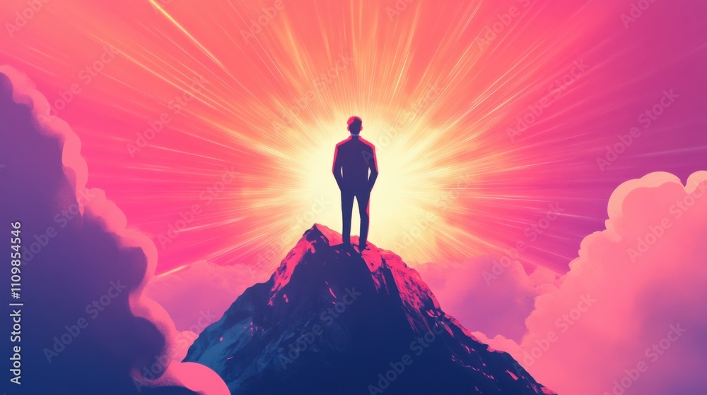 Person Standing on Mountain Peak Surrounded by Colorful Light Rays Person Standing on Mountain Peak Surrounded by Colorful Light Rays