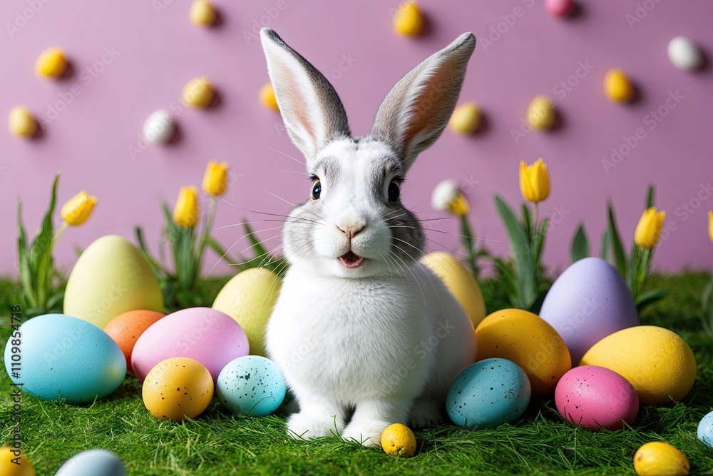 Fototapeta premium Joyful Easter Bunny Surrounded by Tiny Eggs in a Cheerful Spring Scene