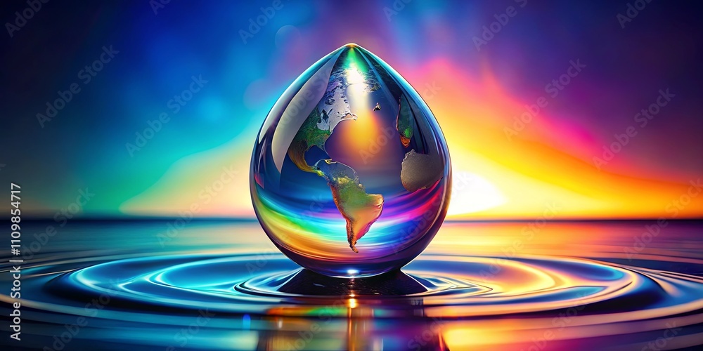 Fototapeta premium A teardrop-shaped orb mirroring the planet Earth rests on a tranquil body of water, reflecting a vibrant sunset.