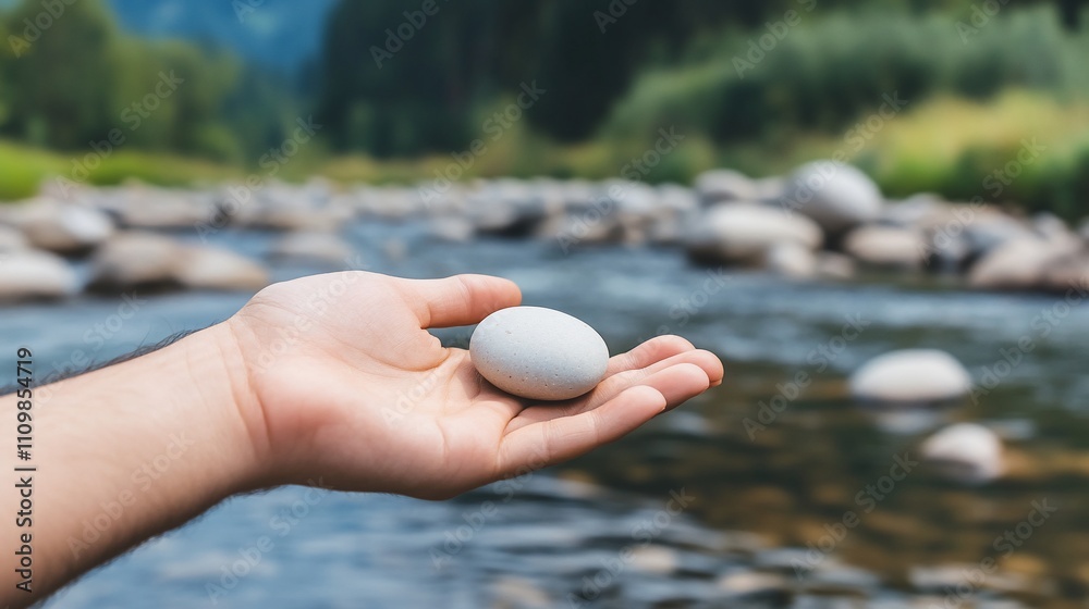 Hand holding smooth river stone near flowing water.