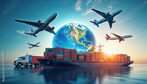 Global transportation network connecting air and sea trade with cargo ships and aircraft transporting goods across continents