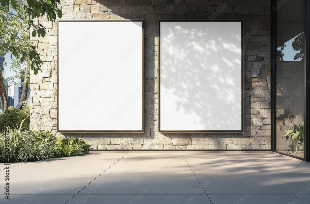 Digital rendering of two large blank white poster mockups on office building windows Digital rendering of two large blank white poster mockups on office building windows