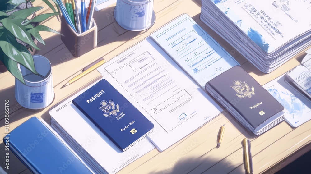 Obraz premium Desk Scene with Documents and Passports on Wooden Table
