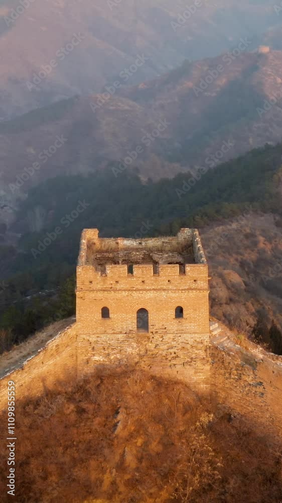 Flying over the Great Wall of China at sunrise. Vertical Video, Flying over the Great Wall of China at sunrise. Vertical Video,