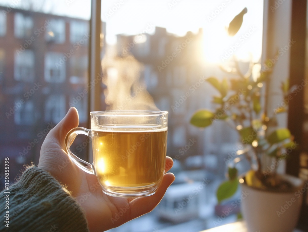 Warm tea in glass cup by window at sunrise. (1)