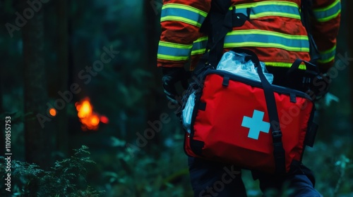 Firefighter with Emergency Medical Kit Walking in Dark Forest