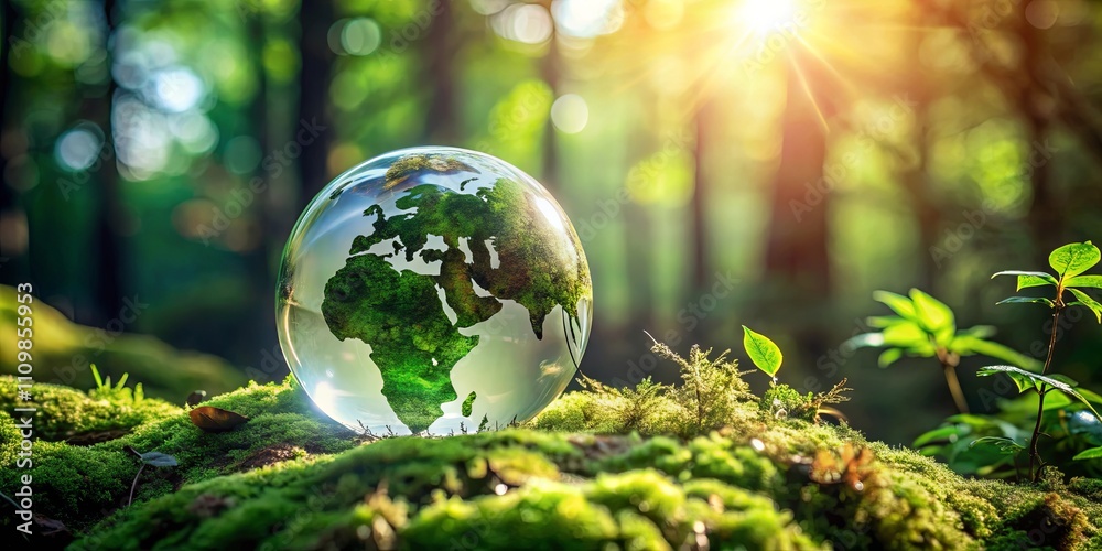 A Glass Globe Representing Our Planet Resting on Lush Green Moss in a Sunlit Forest A Glass Globe Representing Our Planet Resting on Lush Green Moss in a Sunlit Forest