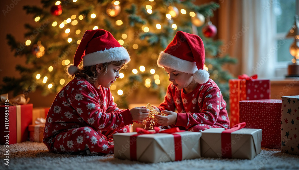 Children in festive pajamas and Santa hats excitedly unwrap gifts near a decorated Christmas tree in a cozy living room during the holiday season Children in festive pajamas and Santa hats excitedly unwrap gifts near a decorated Christmas tree in a cozy living room during the holiday season