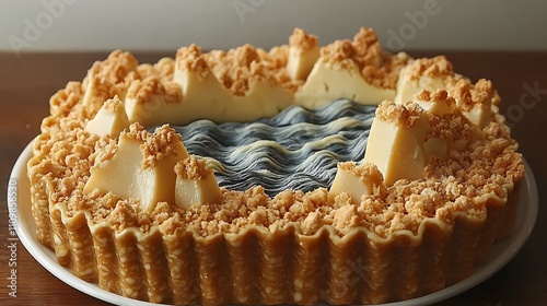 Creamy cheesecake tart with a wave design and crumble crust, served on a white plate.