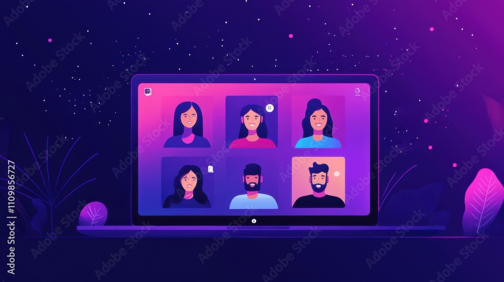 Virtual Meeting with Diverse Characters on a Laptop Screen at Night Virtual Meeting with Diverse Characters on a Laptop Screen at Night