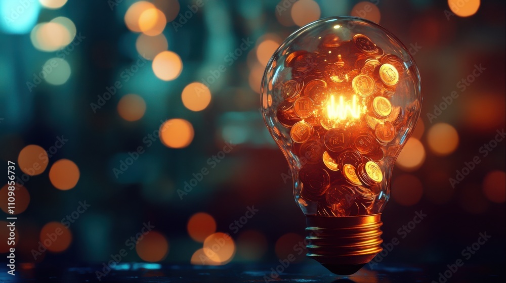 Lightbulb Filled with Coins Symbolizing Wealth and Financial Growth Lightbulb Filled with Coins Symbolizing Wealth and Financial Growth
